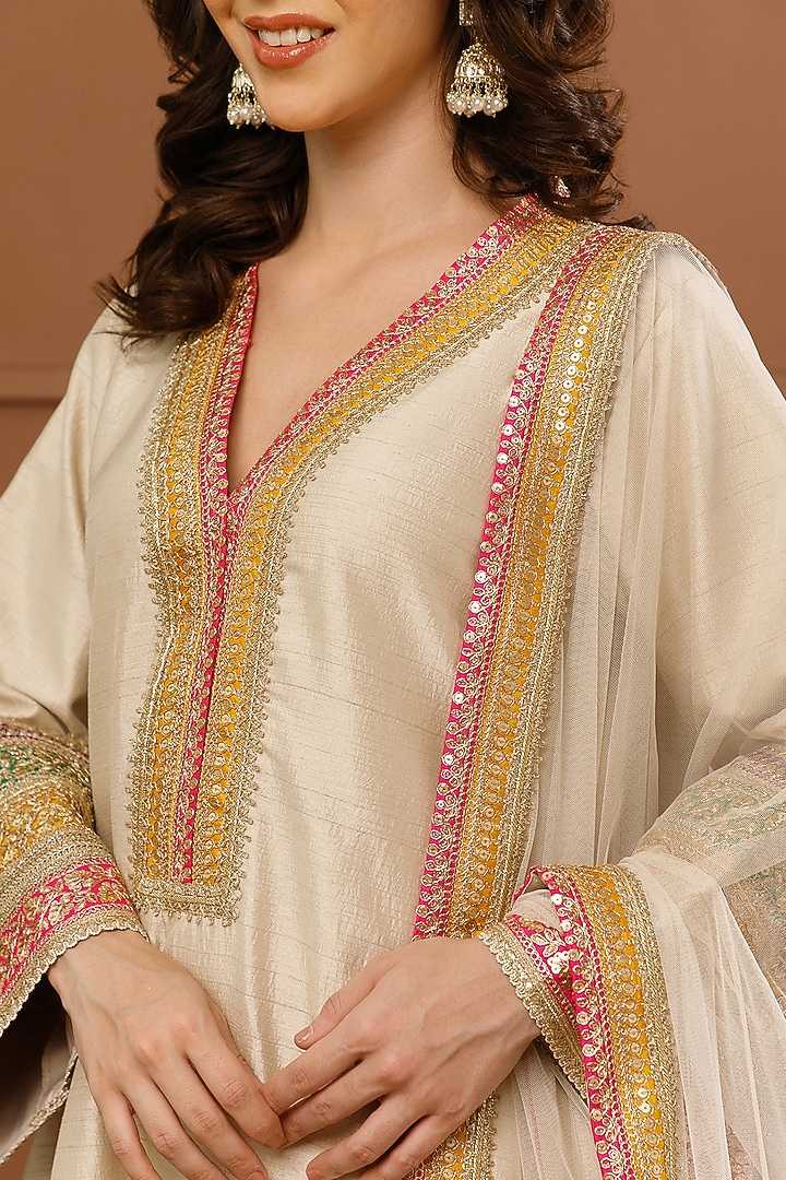 Ivory Bemberg Silk Embroidered Kurta Set by CHARLIE AHUJA at Pernia's Pop Up Shop