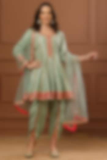 Mint Bemberg Silk Embroidered Short Wedding Anarkali Set by CHARLIE AHUJA at Pernia's Pop Up Shop