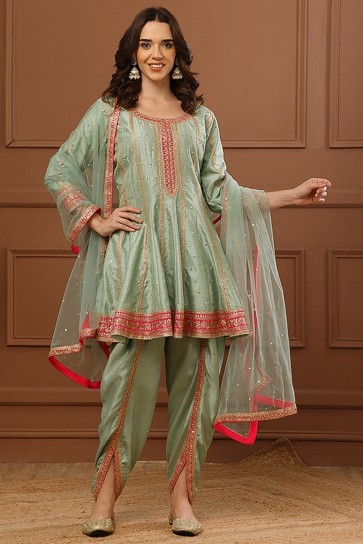 Mint Bemberg Silk Embroidered Short Wedding Anarkali Set by CHARLIE AHUJA at Pernia's Pop Up Shop