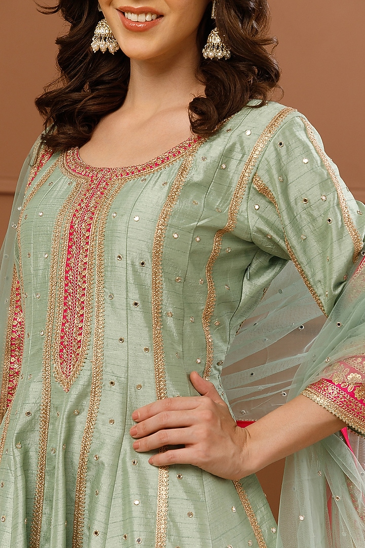 Mint Bemberg Silk Embroidered Short Wedding Anarkali Set by CHARLIE AHUJA at Pernia's Pop Up Shop