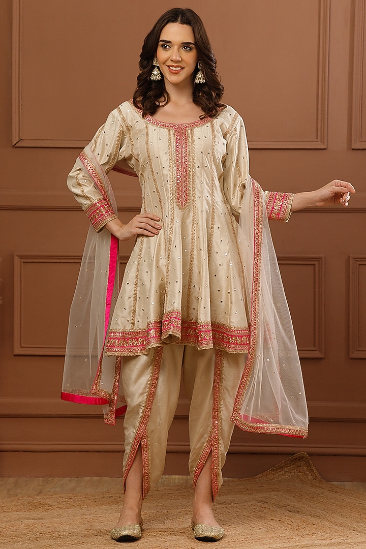 Beige Bemberg Silk Embroidered Short Wedding Anarkali Set by CHARLIE AHUJA at Pernia's Pop Up Shop
