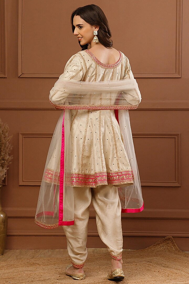 Beige Bemberg Silk Embroidered Short Wedding Anarkali Set by CHARLIE AHUJA at Pernia's Pop Up Shop