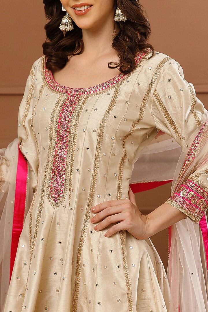 Beige Bemberg Silk Embroidered Short Wedding Anarkali Set by CHARLIE AHUJA at Pernia's Pop Up Shop