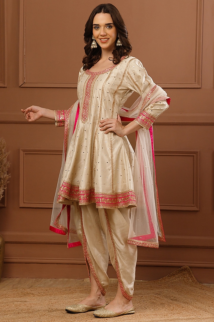 Beige Bemberg Silk Embroidered Short Wedding Anarkali Set by CHARLIE AHUJA at Pernia's Pop Up Shop