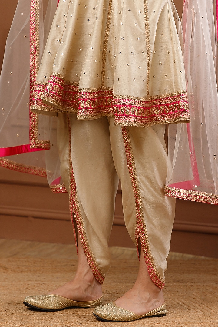 Beige Bemberg Silk Embroidered Short Wedding Anarkali Set by CHARLIE AHUJA at Pernia's Pop Up Shop
