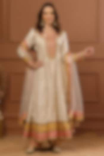 Beige Bemberg Silk Embroidered Wedding Anarkali Set by CHARLIE AHUJA at Pernia's Pop Up Shop