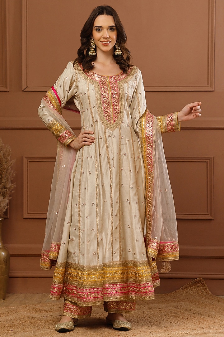 Beige Bemberg Silk Embroidered Wedding Anarkali Set by CHARLIE AHUJA at Pernia's Pop Up Shop