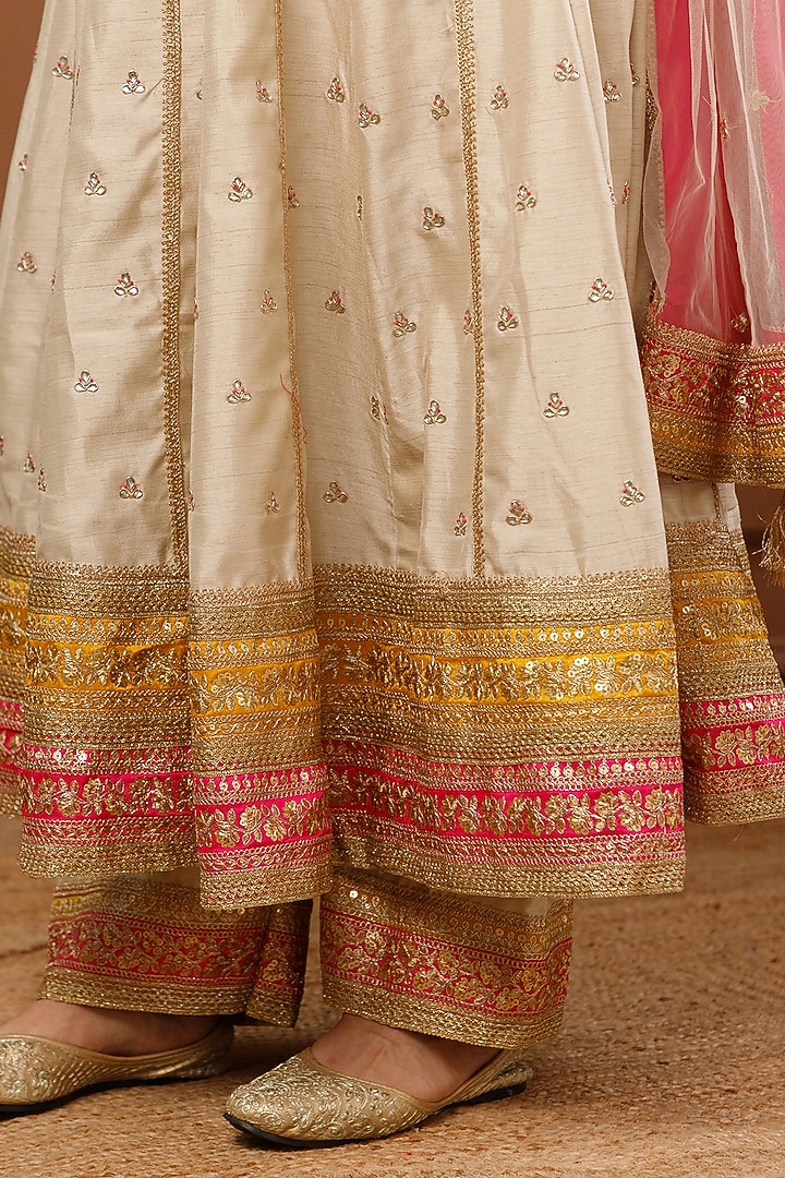 Beige Bemberg Silk Embroidered Wedding Anarkali Set by CHARLIE AHUJA at Pernia's Pop Up Shop