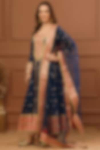 Navy Blue Bemberg Silk Embroidered Wedding Anarkali Set by CHARLIE AHUJA at Pernia's Pop Up Shop
