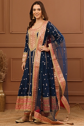 Navy Blue Bemberg Silk Embroidered Anarkali Set by CHARLIE AHUJA