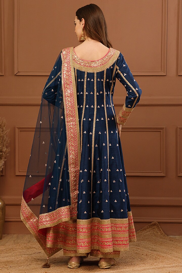 Navy Blue Bemberg Silk Embroidered Wedding Anarkali Set by CHARLIE AHUJA at Pernia's Pop Up Shop
