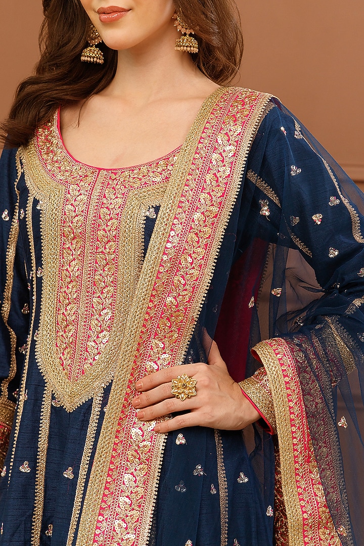Navy Blue Bemberg Silk Embroidered Wedding Anarkali Set by CHARLIE AHUJA at Pernia's Pop Up Shop