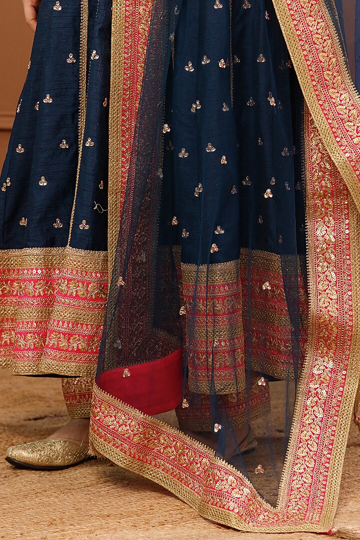 Navy Blue Bemberg Silk Embroidered Wedding Anarkali Set by CHARLIE AHUJA at Pernia's Pop Up Shop