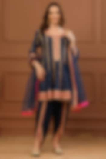 Navy Blue Bemberg Silk Embroidered Short Wedding Anarkali Set by CHARLIE AHUJA at Pernia's Pop Up Shop