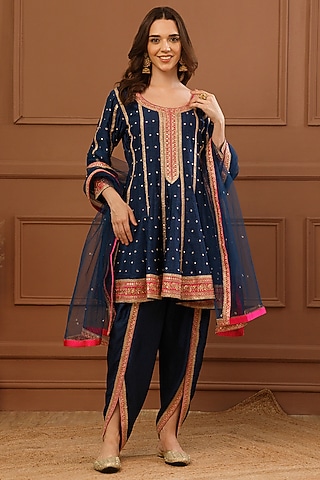 Navy Blue Bemberg Silk Embroidered Short Anarkali Set by CHARLIE AHUJA