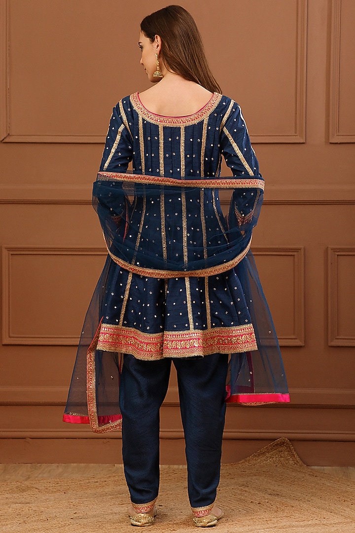 Navy Blue Bemberg Silk Embroidered Short Wedding Anarkali Set by CHARLIE AHUJA at Pernia's Pop Up Shop