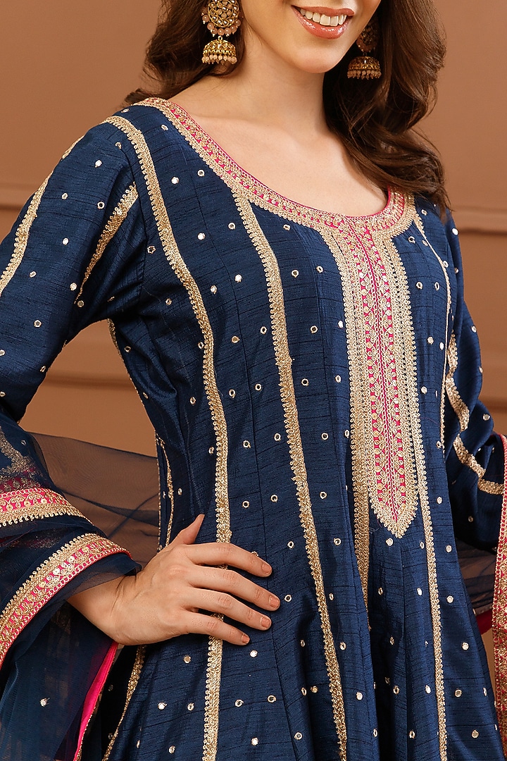 Navy Blue Bemberg Silk Embroidered Short Wedding Anarkali Set by CHARLIE AHUJA at Pernia's Pop Up Shop