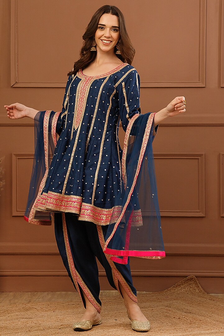 Navy Blue Bemberg Silk Embroidered Short Wedding Anarkali Set by CHARLIE AHUJA at Pernia's Pop Up Shop
