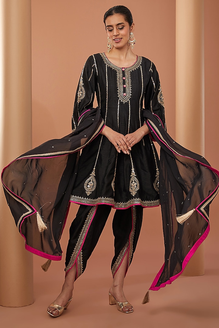 Black Bemberg Silk Dori Embroidered Short Anarkali Set by CHARLIE AHUJA