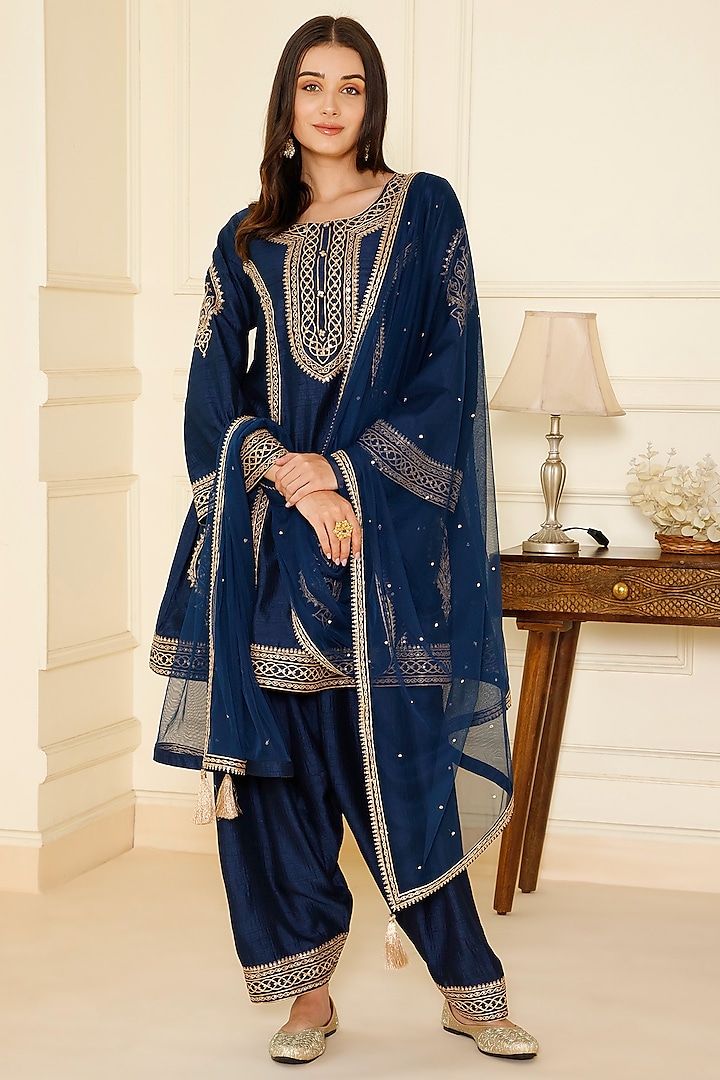 Navy Blue Bemberg Silk Sequin & Dori Embroidered Kurta Set by CHARLIE AHUJA