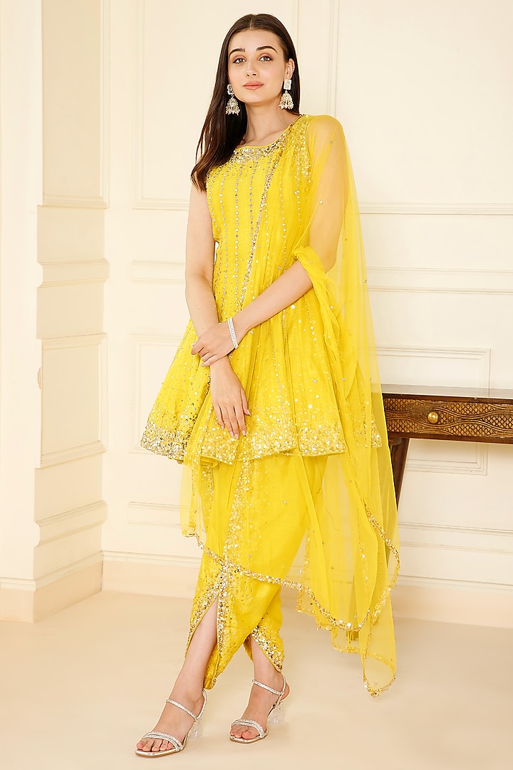 Yellow Bemberg Silk Sequin & Mirror Hand Embroidered Dhoti Set by CHARLIE AHUJA