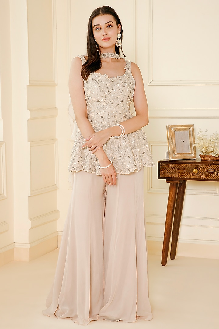 Beige Georgette Sharara Set by CHARLIE AHUJA