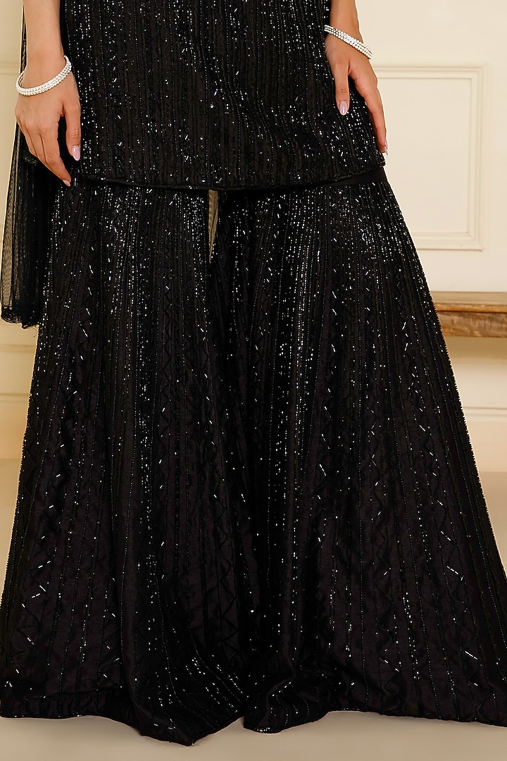 Black Bemberg Silk Hand Embroidered Gharara Set by CHARLIE AHUJA at Pernia's Pop Up Shop