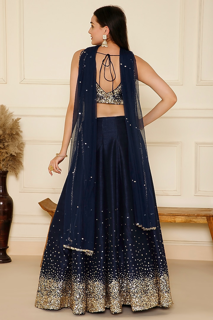 Navy Blue Bemberg Silk Sequins Hand Embroidered Lehenga Set by CHARLIE AHUJA at Pernia's Pop Up Shop