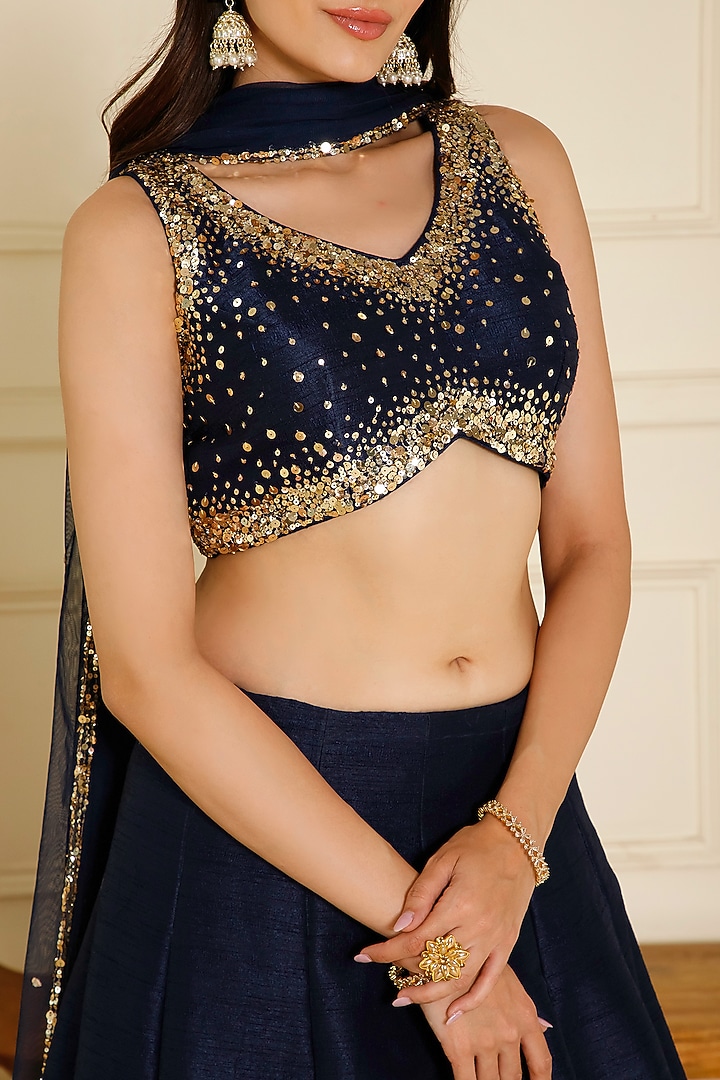 Navy Blue Bemberg Silk Sequins Hand Embroidered Lehenga Set by CHARLIE AHUJA at Pernia's Pop Up Shop