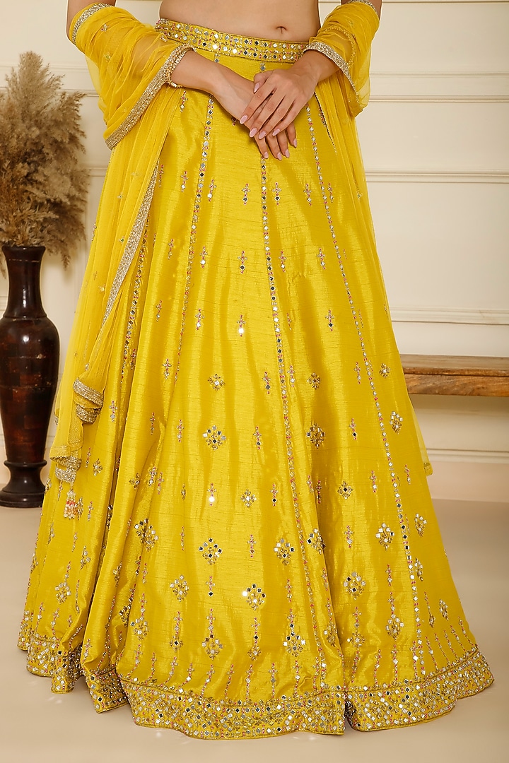 Yellow Bemberg Silk Mirror & Sequins Hand Embroidered Wedding Lehenga Set by CHARLIE AHUJA at Pernia's Pop Up Shop