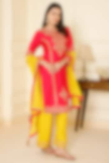 Hot Pink Bemberg Silk Tilla Dori & Sequin Embroidered Straight Kurta Set by CHARLIE AHUJA