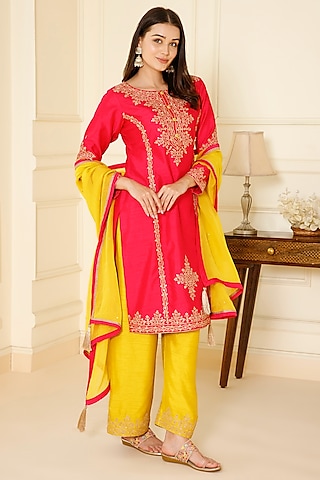 Hot Pink Bemberg Silk Tilla Dori & Sequin Embroidered Straight Kurta Set by CHARLIE AHUJA