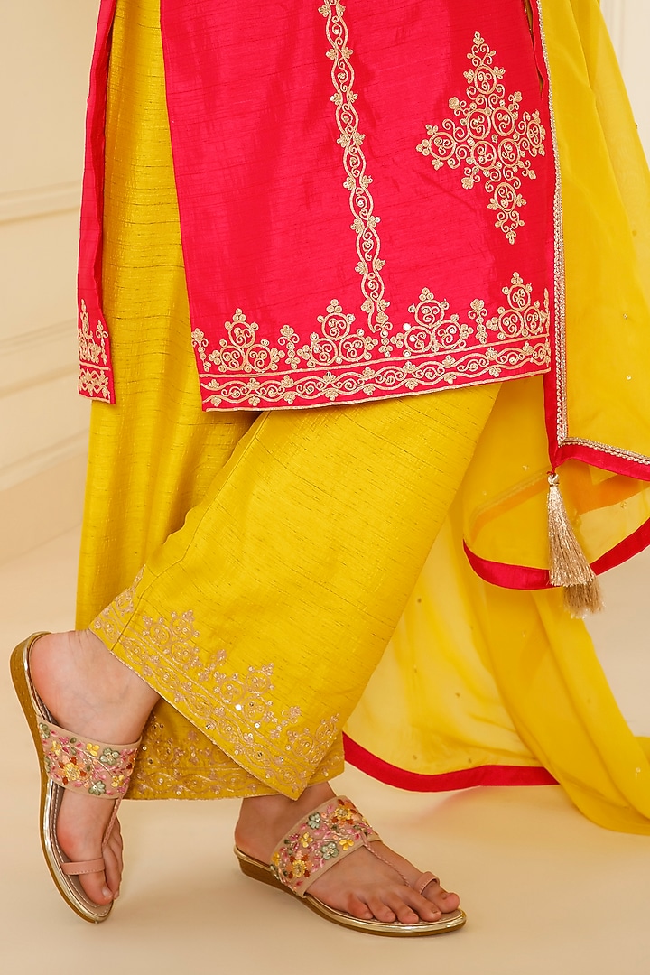 Hot Pink Bemberg Silk Tilla Dori & Sequin Embroidered Straight Kurta Set by CHARLIE AHUJA at Pernia's Pop Up Shop