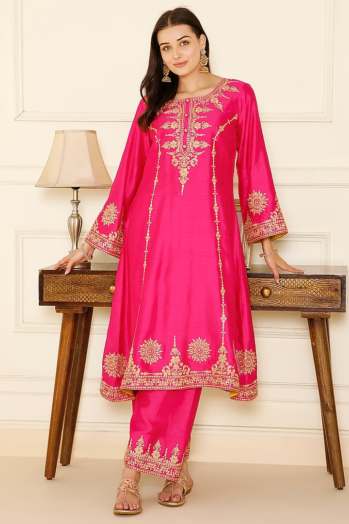 Fuschia Pink Bemberg Silk Tilla Dori Embroidered A-Line Kurta Set by CHARLIE AHUJA