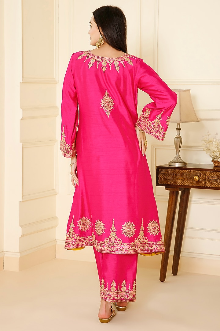 Fuschia Pink Bemberg Silk Tilla Dori Embroidered A-Line Kurta Set by CHARLIE AHUJA at Pernia's Pop Up Shop