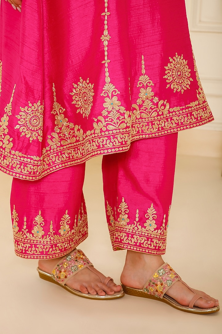 Fuschia Pink Bemberg Silk Tilla Dori Embroidered A-Line Kurta Set by CHARLIE AHUJA at Pernia's Pop Up Shop