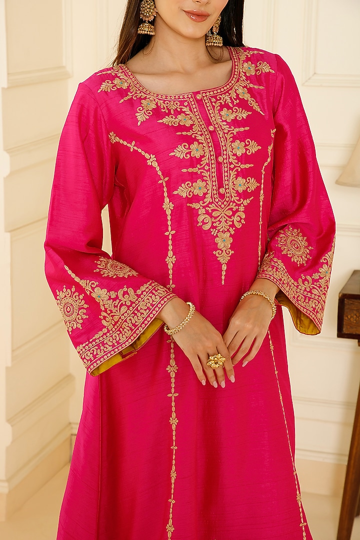 Fuschia Pink Bemberg Silk Tilla Dori Embroidered A-Line Kurta Set by CHARLIE AHUJA at Pernia's Pop Up Shop
