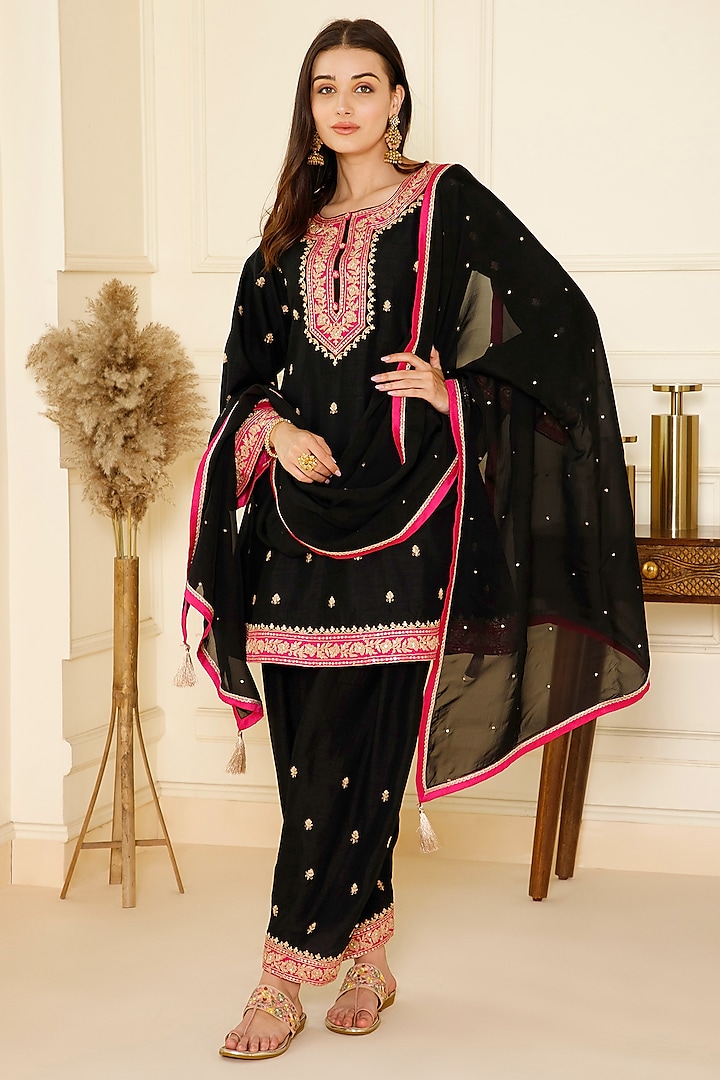 Black Bemberg Silk Dori Embroidered A-Line Kurta Set by CHARLIE AHUJA