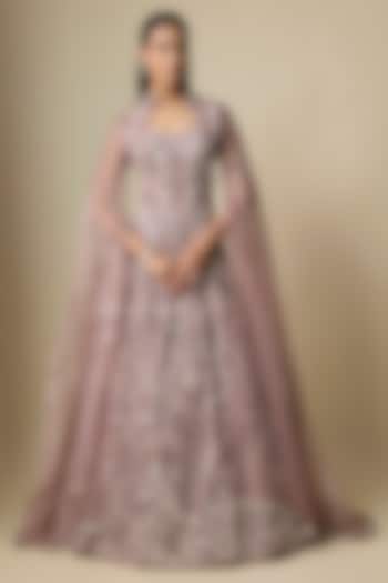 Light Mocha Colored Pure Organza Hand Embroidered Bridal Lehenga Set by Label Charmie Galaiya at Pernia's Pop Up Shop