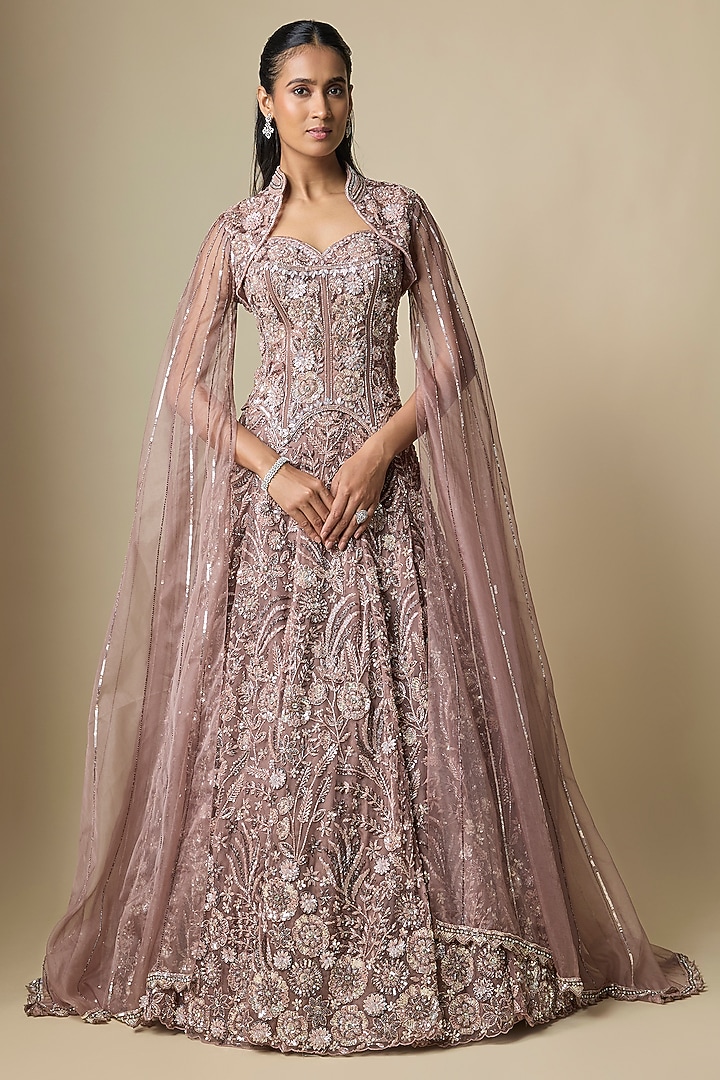 Light Mocha Colored Pure Organza Hand Embroidered Bridal Lehenga Set by Label Charmie Galaiya at Pernia's Pop Up Shop