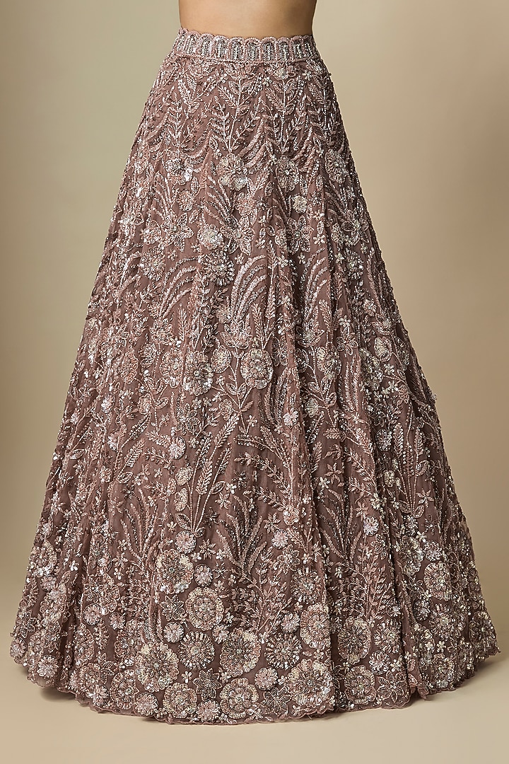 Light Mocha Colored Pure Organza Hand Embroidered Bridal Lehenga Set by Label Charmie Galaiya at Pernia's Pop Up Shop