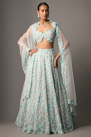 Light Green Pure Organza Hand Embroidered Lehenga Set by Label Charmie Galaiya