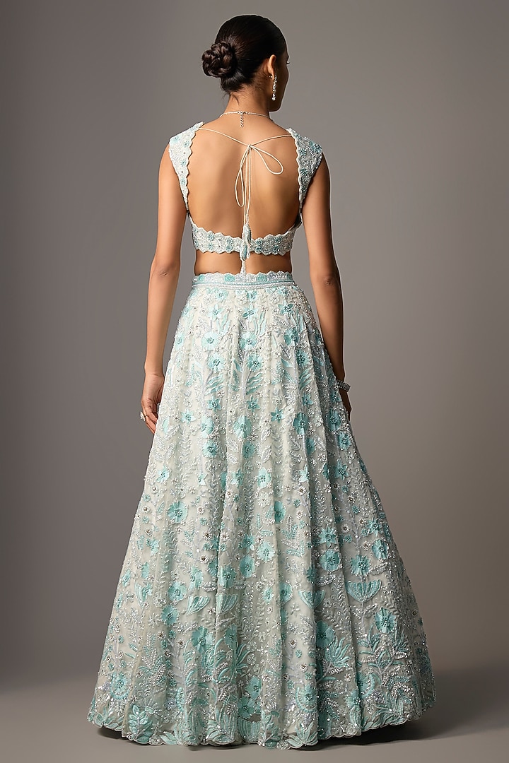 Light Green Pure Organza Hand Embroidered Bridal Lehenga Set by Label Charmie Galaiya at Pernia's Pop Up Shop
