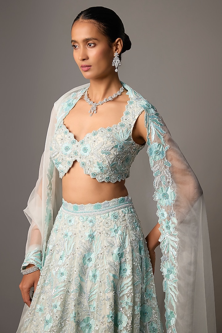 Light Green Pure Organza Hand Embroidered Bridal Lehenga Set by Label Charmie Galaiya at Pernia's Pop Up Shop