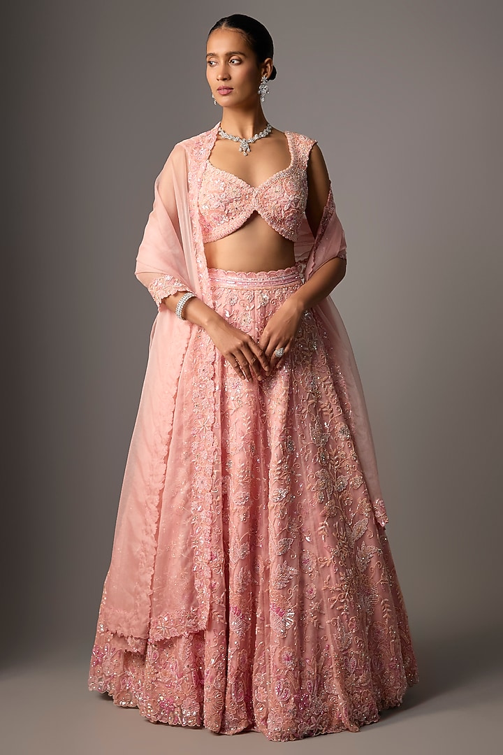 Peachy Pink Pure Organza Hand Embroidered Bridal Lehenga Set by Label Charmie Galaiya at Pernia's Pop Up Shop