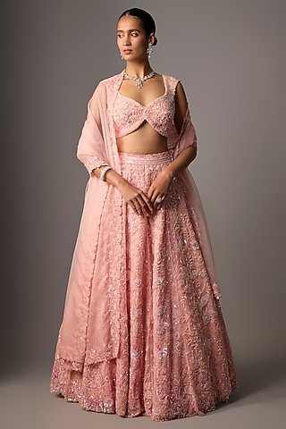 Peachy Pink Pure Organza Hand Embroidered Lehenga Set by Label Charmie Galaiya