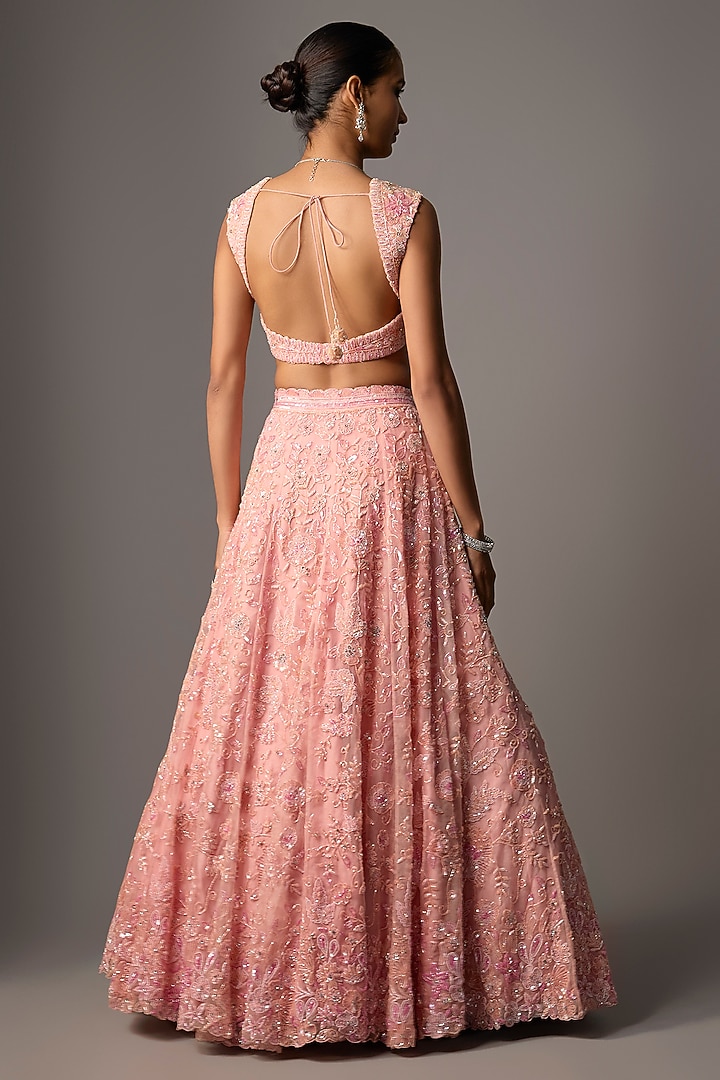 Peachy Pink Pure Organza Hand Embroidered Bridal Lehenga Set by Label Charmie Galaiya at Pernia's Pop Up Shop