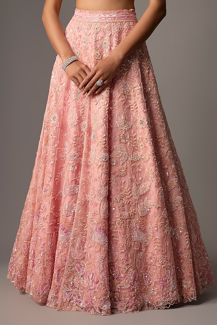 Peachy Pink Pure Organza Hand Embroidered Bridal Lehenga Set by Label Charmie Galaiya at Pernia's Pop Up Shop