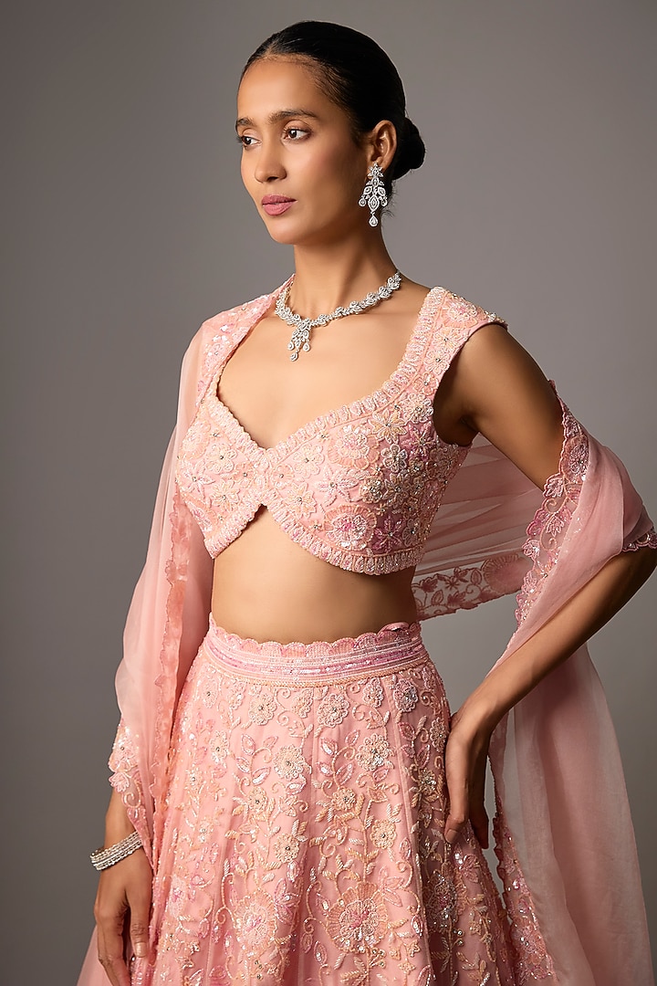 Peachy Pink Pure Organza Hand Embroidered Bridal Lehenga Set by Label Charmie Galaiya at Pernia's Pop Up Shop