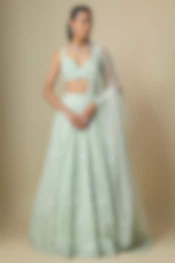 Mint Green Pure Organza Hand Embroidered Bridal Lehenga Set by Label Charmie Galaiya at Pernia's Pop Up Shop
